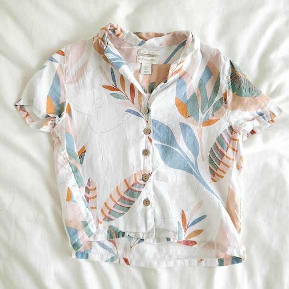 Cynthia Rowley Tops - Cynthia Rowley Button Up Top Women's Size XS White Tropical Print 100% Linen